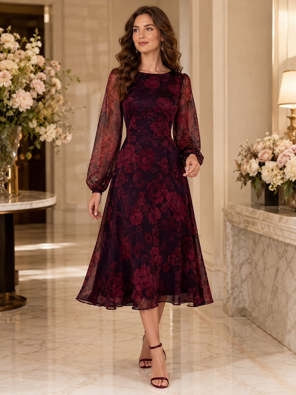 Black Burgundy Floral Jewel Neck Chiffon Midi Guest Dress front view