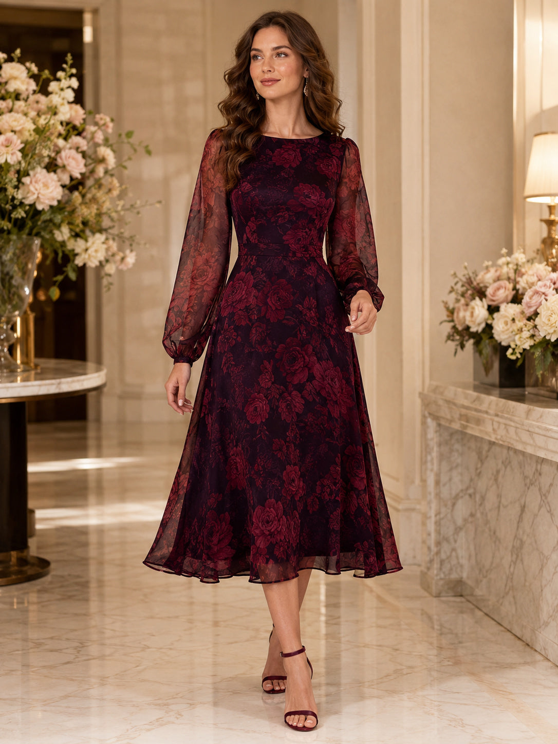 Black Burgundy Floral Jewel Neck Chiffon Midi Guest Dress front view