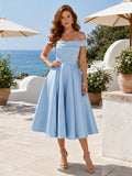 Sky Blue Off-the-shoulder Tea-length A-Line Guest Dress front view