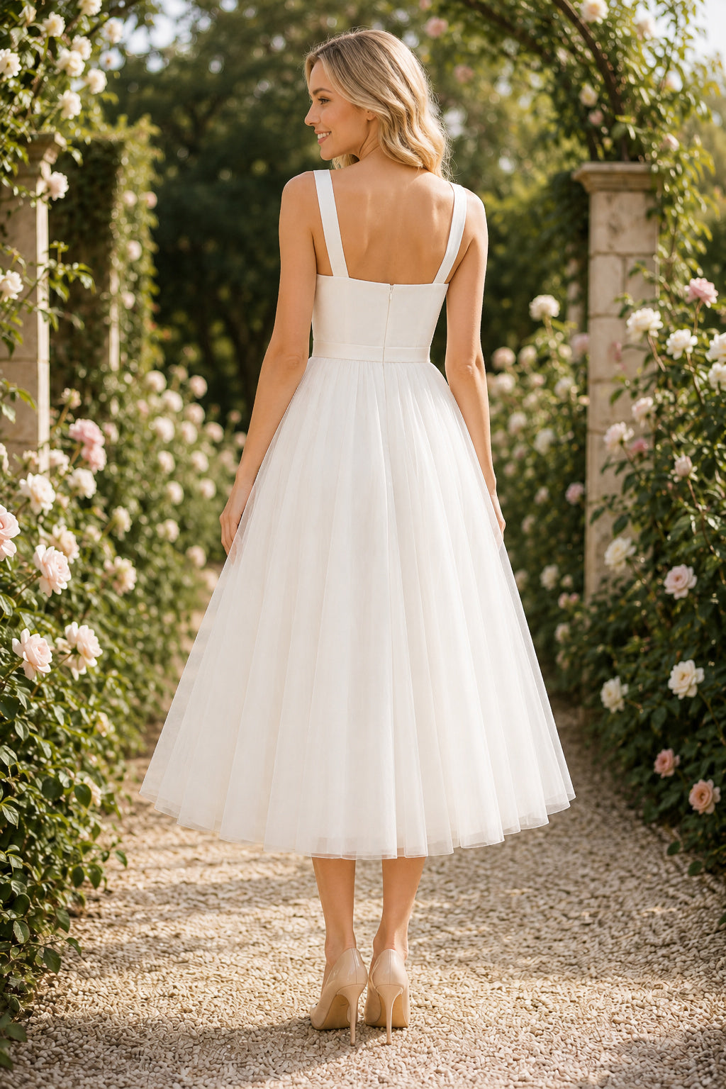 White Square Neck Sleeveless Clean Tulle Dress Tea Length A-Line Wedding Dress with Tulle Detail and Zipper Back back view
