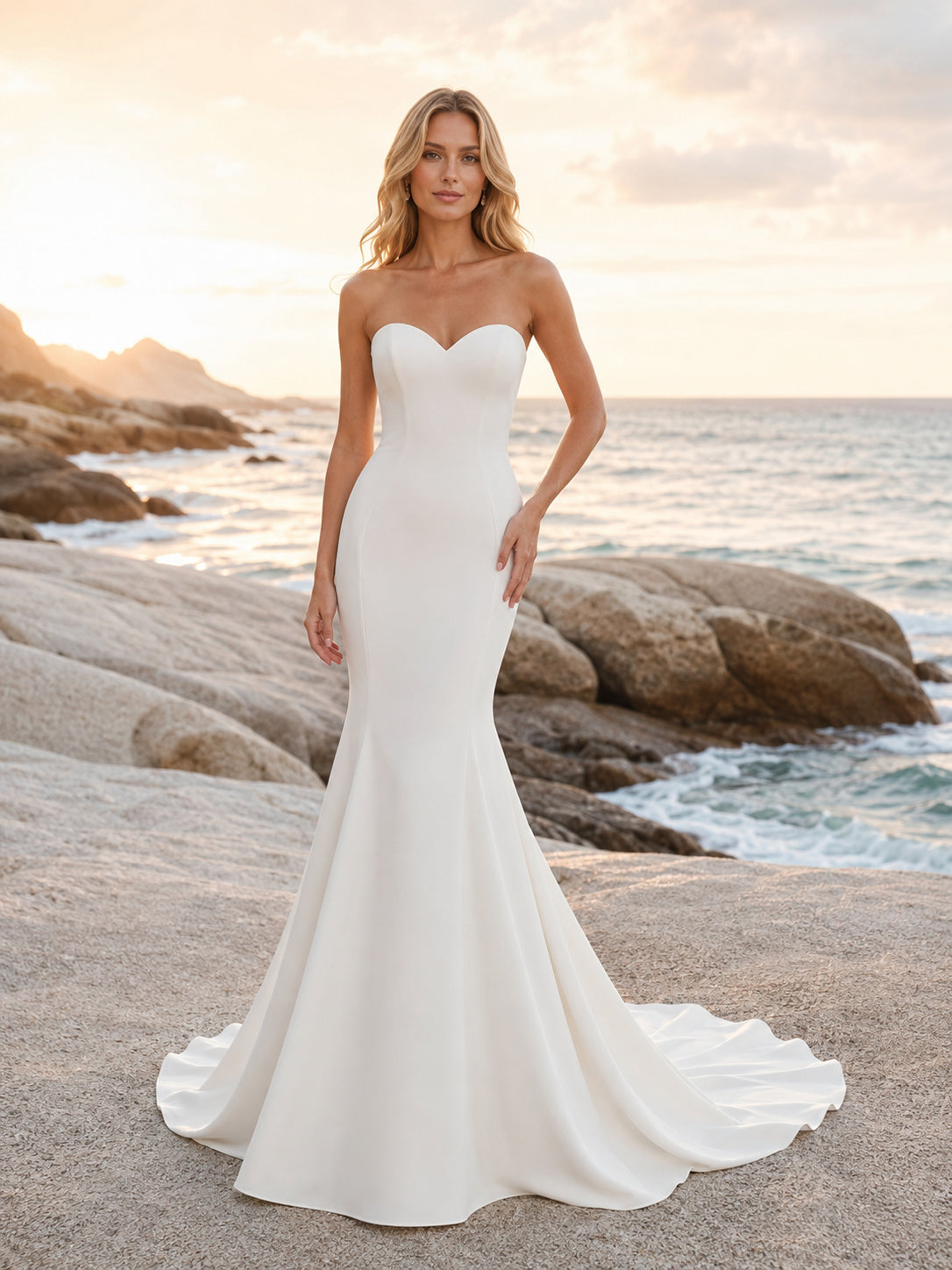 Modern Strapless Mermaid Crepe Ocean Rocks Elopement Dress front view