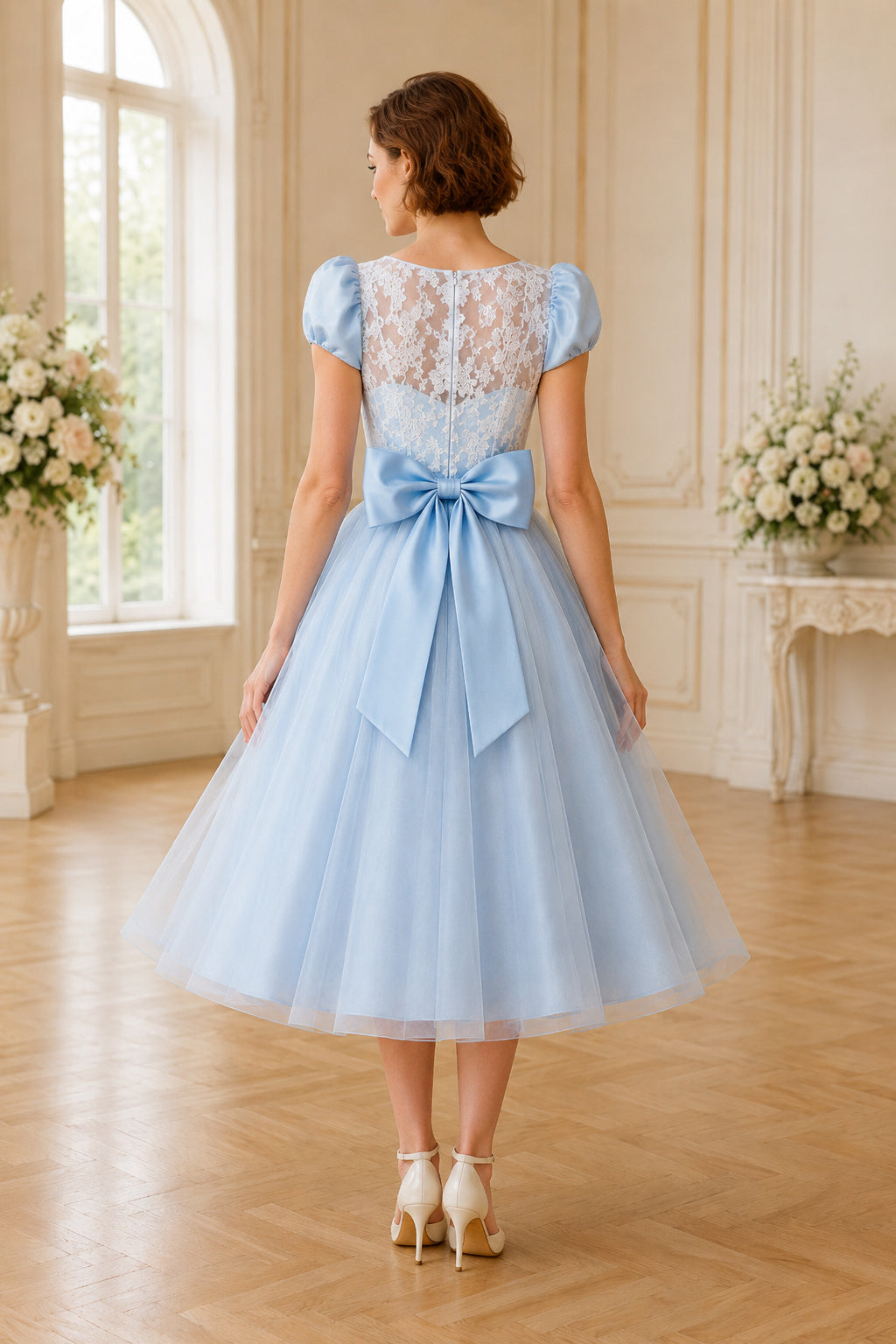 Sky Blue Puff Sleeve Lace Bodice with Bow Back and Tulle Skirt Tea Length A-Line Homecoming Dress back view