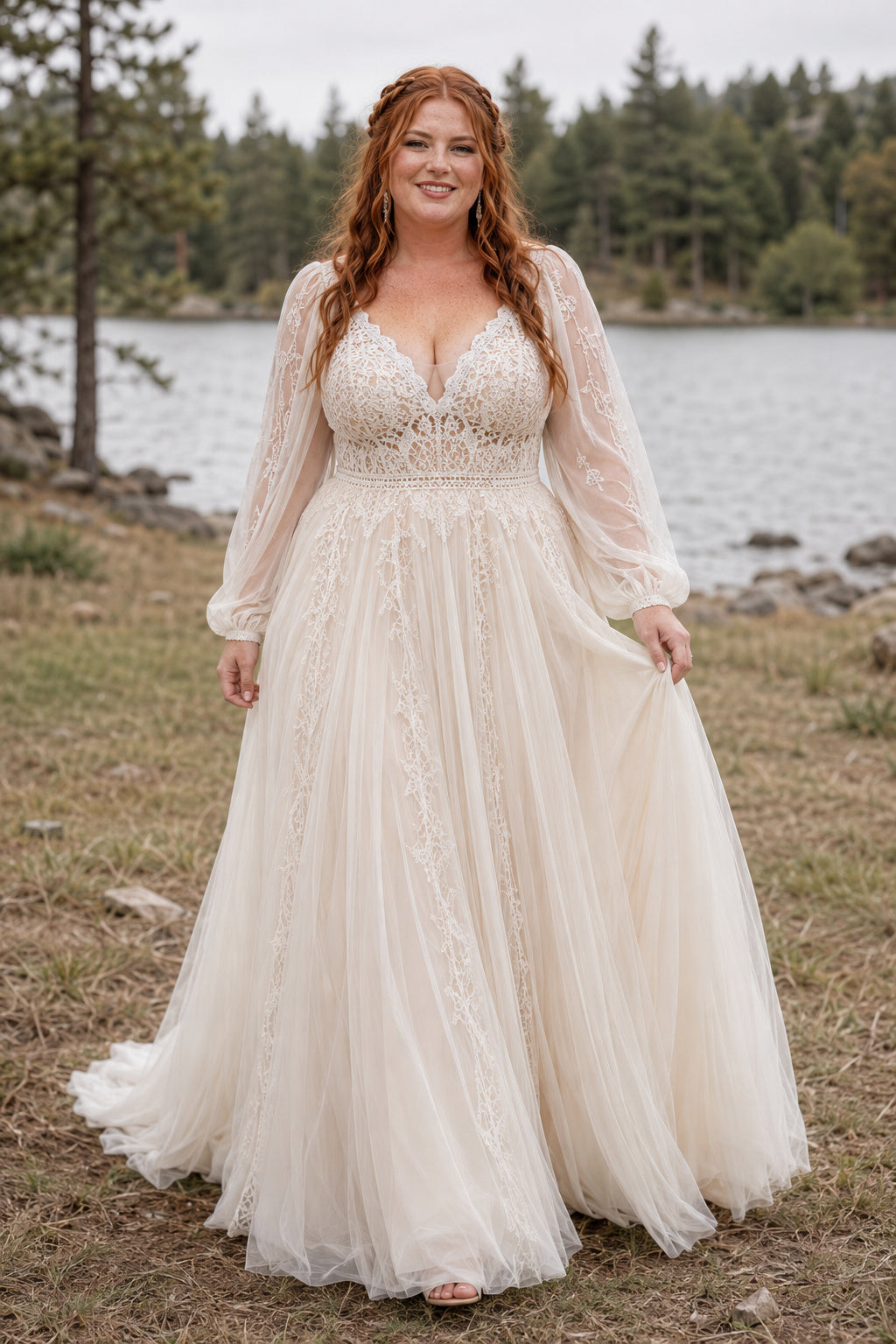Plus Size Long Sleeve V-Neck Lace A-Line Wedding Dress with Tulle Skirt front view