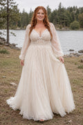 Plus Size Long Sleeve V-Neck Lace A-Line Wedding Dress with Tulle Skirt front view