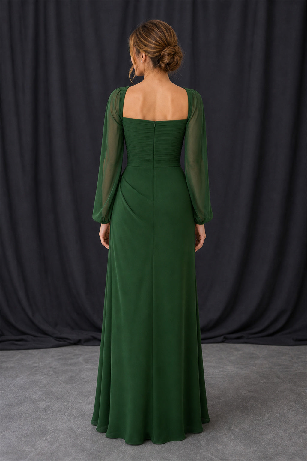 Emerald Square Neck Long Sleeve Sheath Jersey Floor-Length Dress