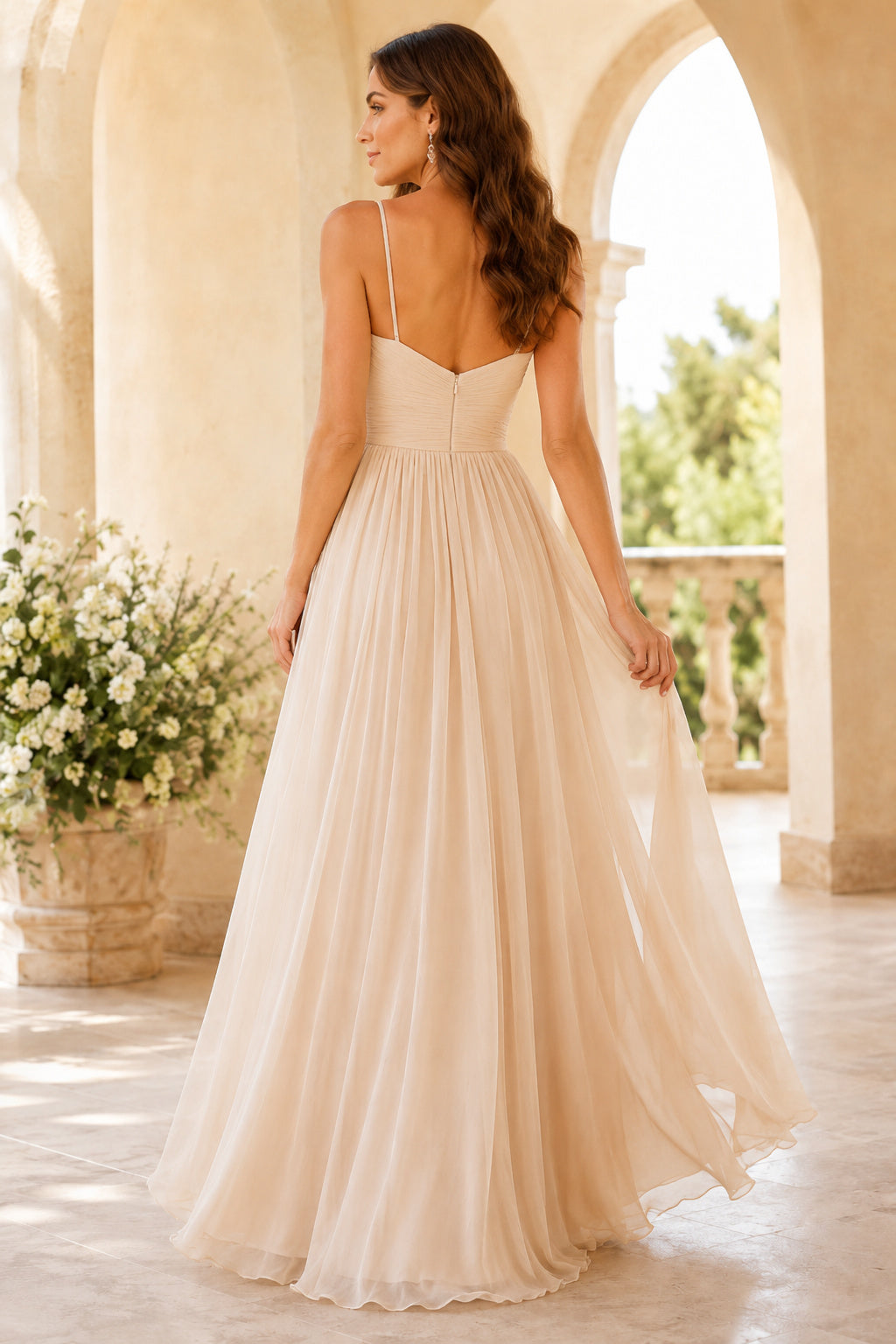 Champagne Spaghetti Strap Sweetheart Tulle A Line Bridesmaid Gown With Soft Skirt Bridesmaid Dress back view