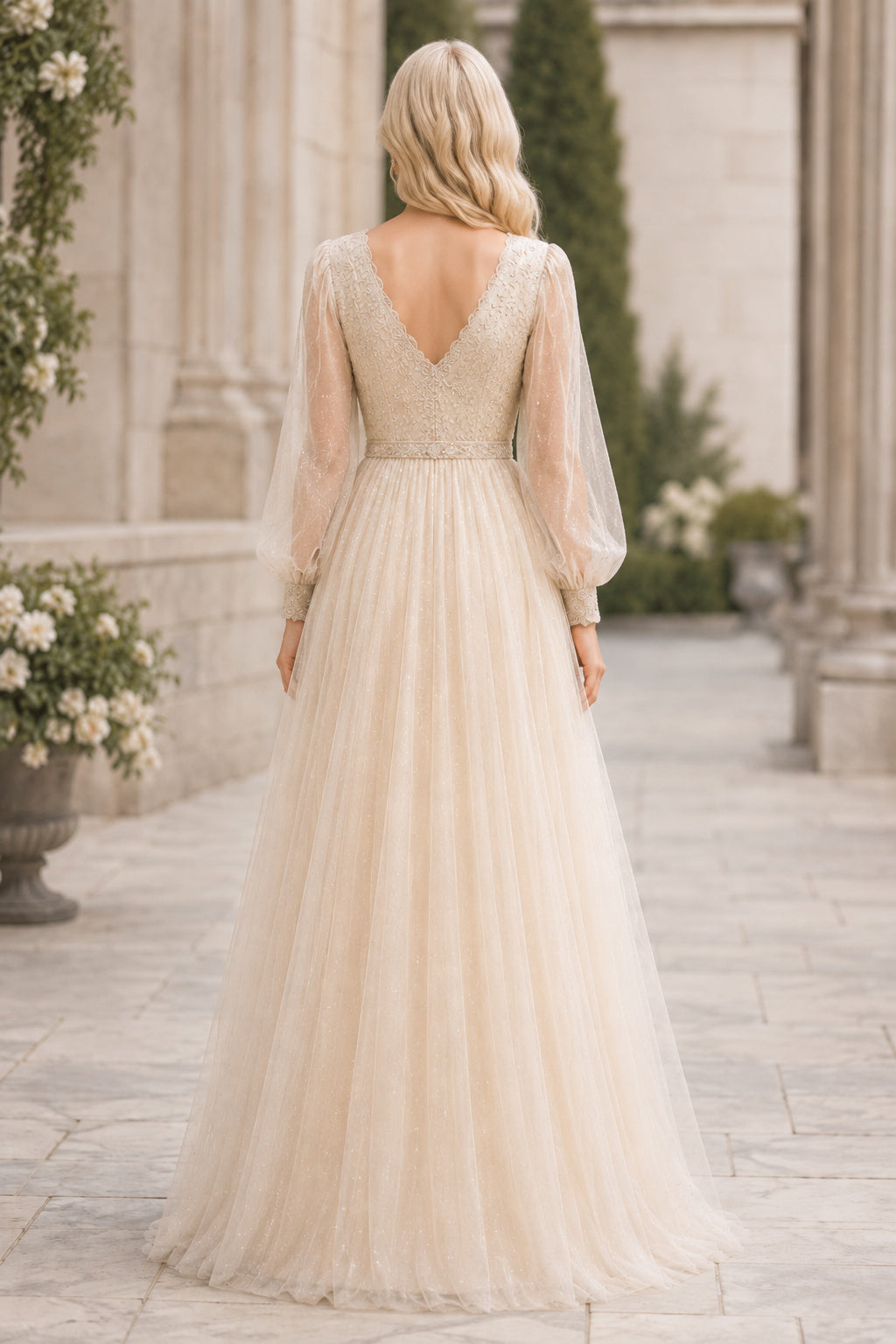 Ivory V-Neck Long Sleeve A-Line Wedding Dress with Low-V Back and Tulle Skirt back view