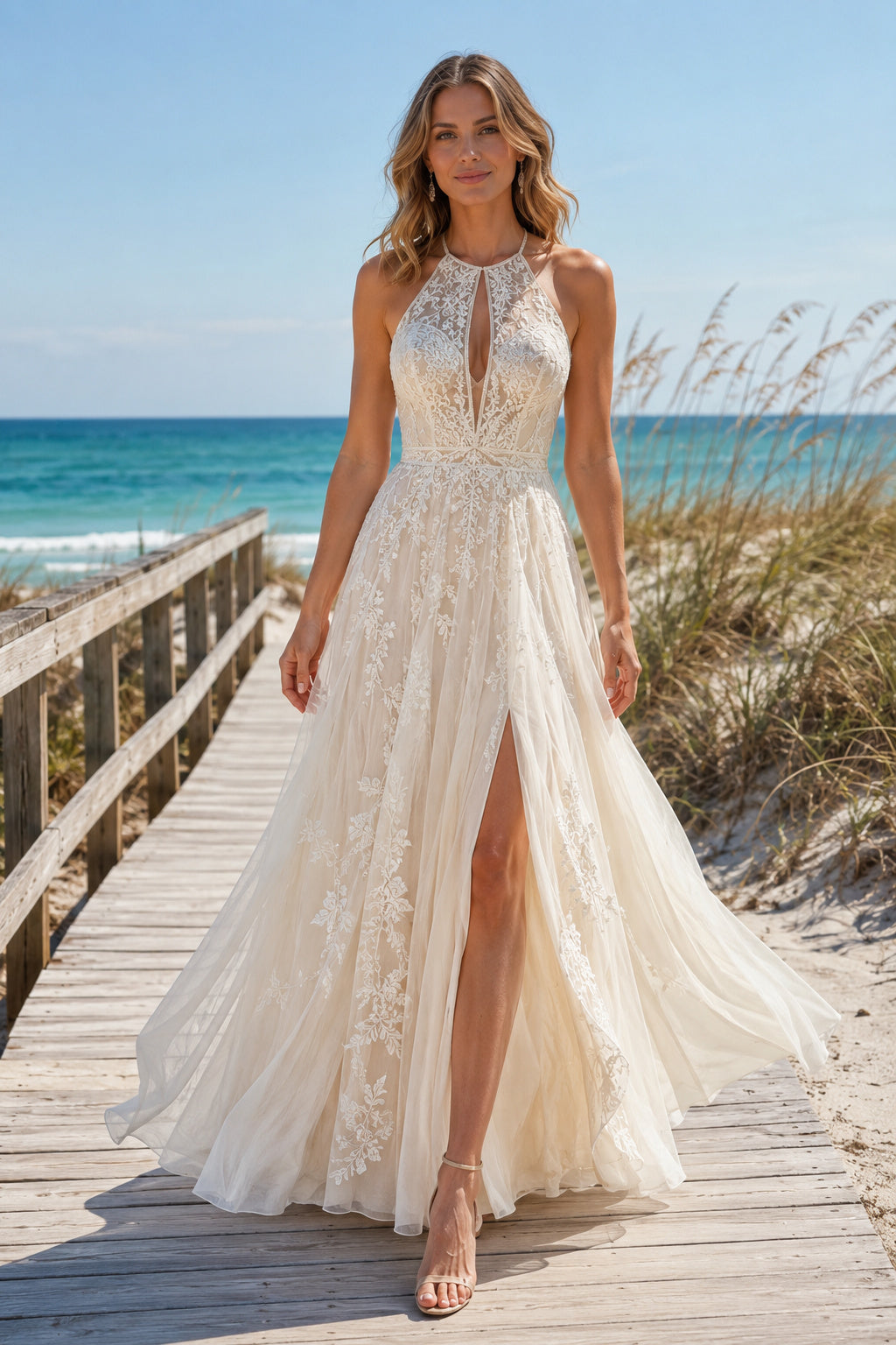 Ivory Halter Keyhole Lace Tulle A-Line Wedding Dress Split Front for Bridal Ceremony and Reception front view