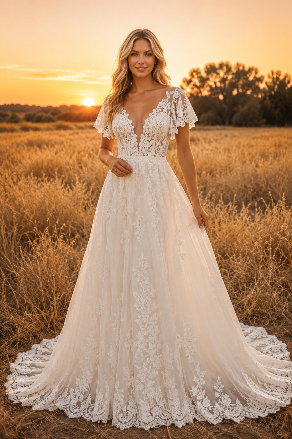Flutter Sleeve V-Neck A-Line Wedding Dress with Lace Applique Bodice and Train for Rustic Garden Ceremony front view