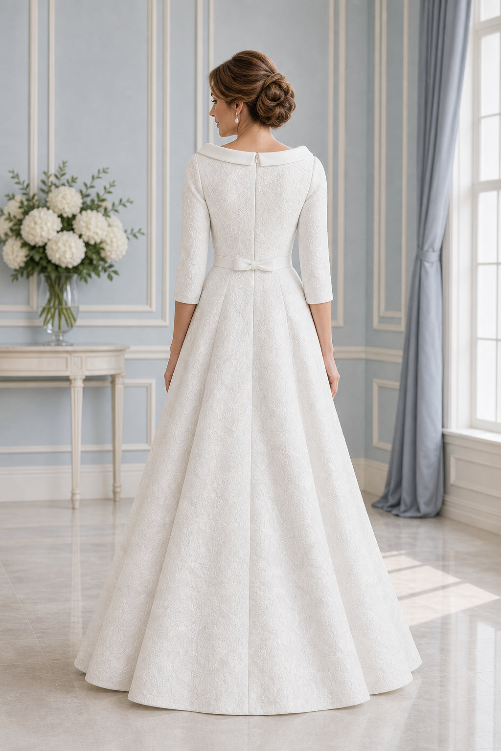 White Bateau Long Sleeves A-Line Satin Floor-length Wedding Dress With Sash and Pleats