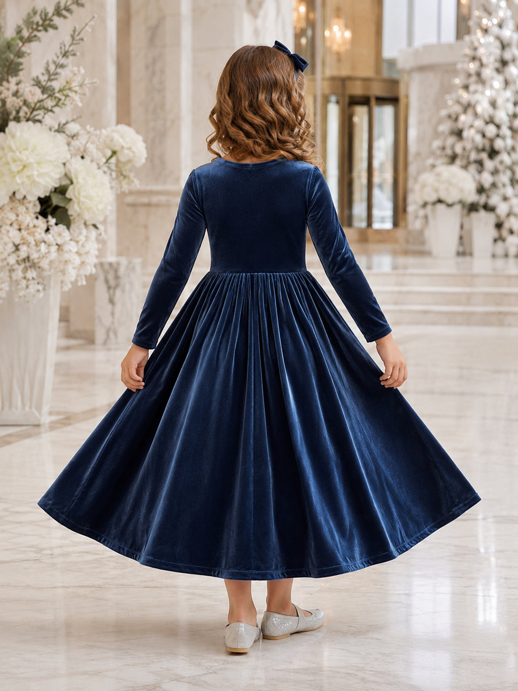 Flower Girl Dress Dark Navy Velvet Tulle A-Line Long Sleeve Scoop Tea length Sash Detail back view