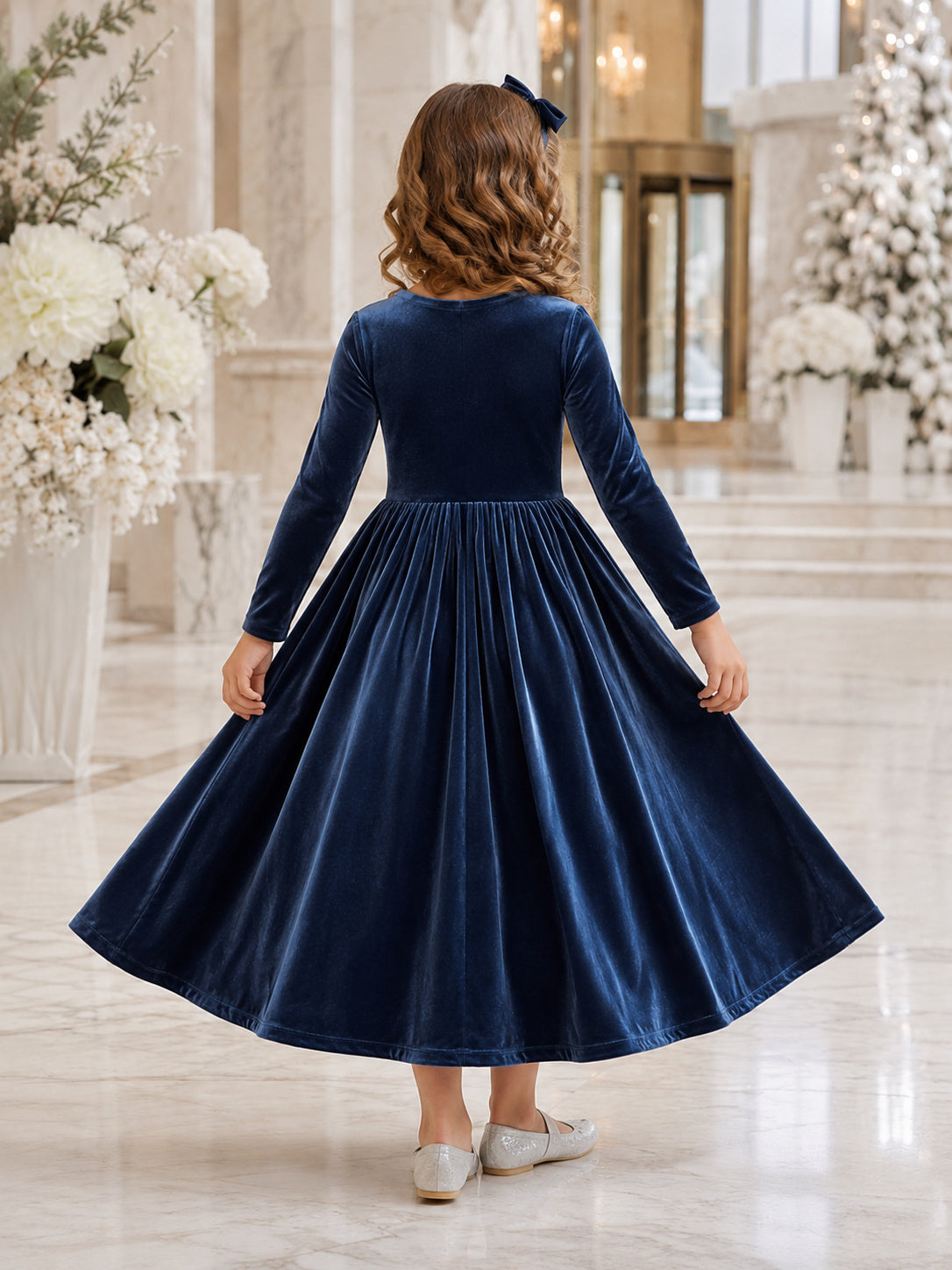 Flower Girl Dress Dark Navy Velvet Tulle A-Line Long Sleeve Scoop Tea length Sash Detail back view