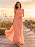 Coral One Shoulder Chiffon Flowing Beach Formal Gown front view