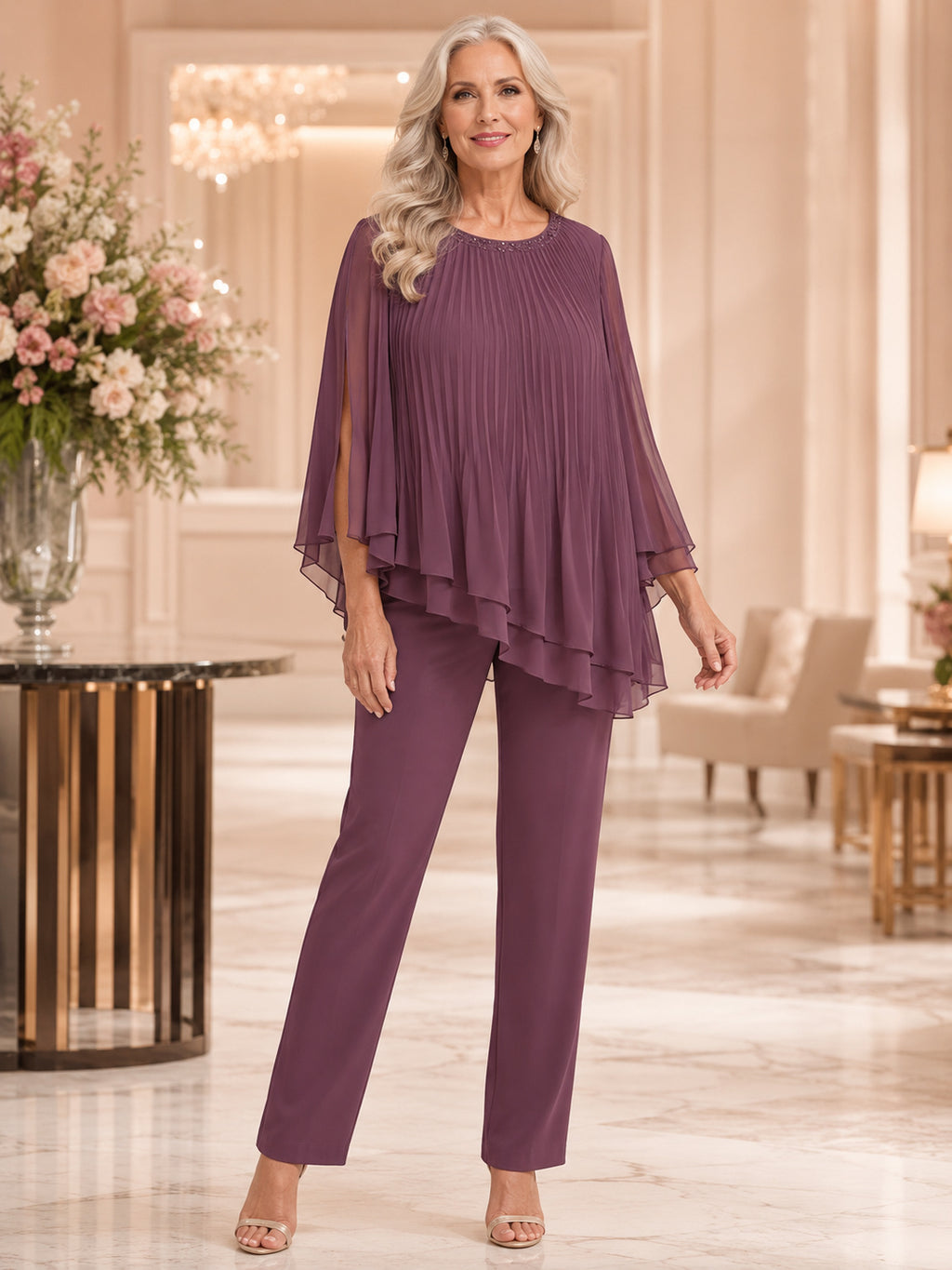 Plum Luxury Jewel-Neck Pleated-Cape Three-Quarter-Sleeve Layered-Tunic Ankle-Length Mother of the Bride Pantsuit front view