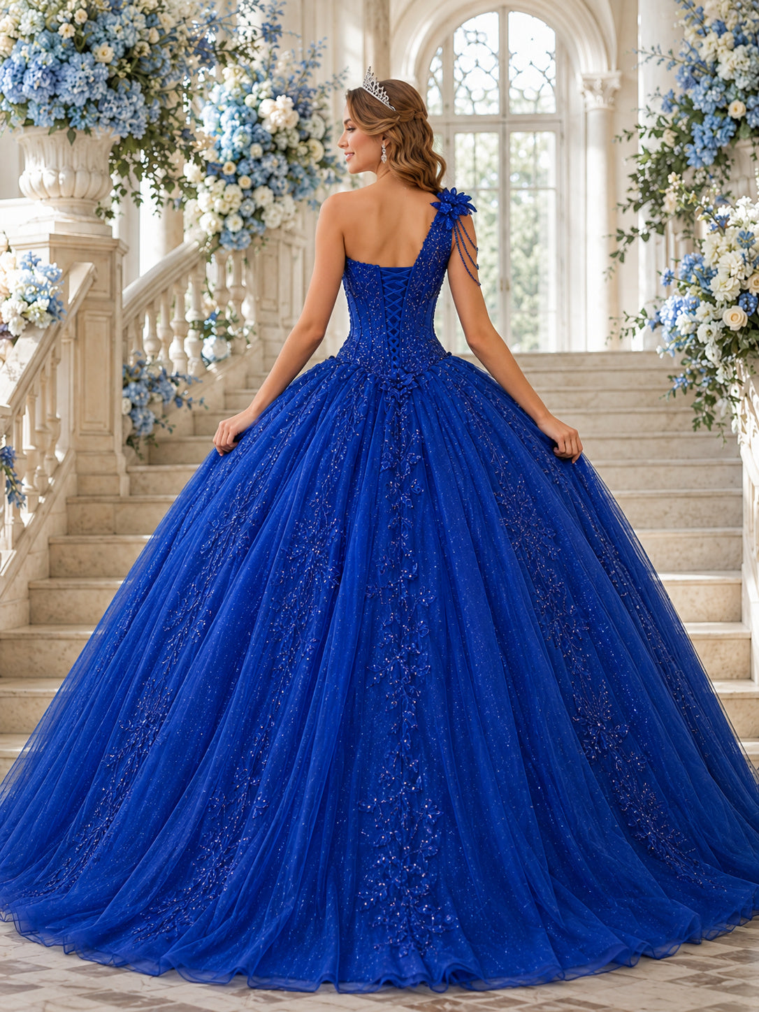 Royal Blue One-Shoulder Beaded Corset Quinceanera Ball Gown back view