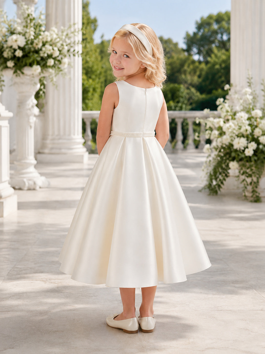 Elegant Satin Tea-Length A-Line Bateau Sleeveless Pearl Waist Flower Girl Garden Wedding Dress back view