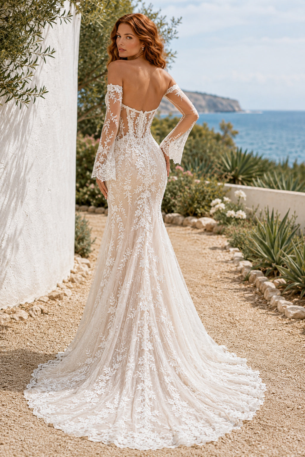 Champagne Sexy Off-the-Shoulder Mermaid Champagne Lace Wedding Dress with Detached Long Lace Sleeves and Chapel Train Style M