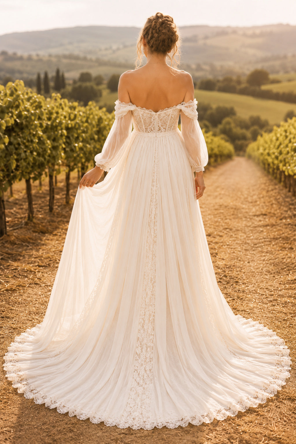 Ivory Off-the-Shoulder Lace Maternity Wedding Dress with Chapel Train back view