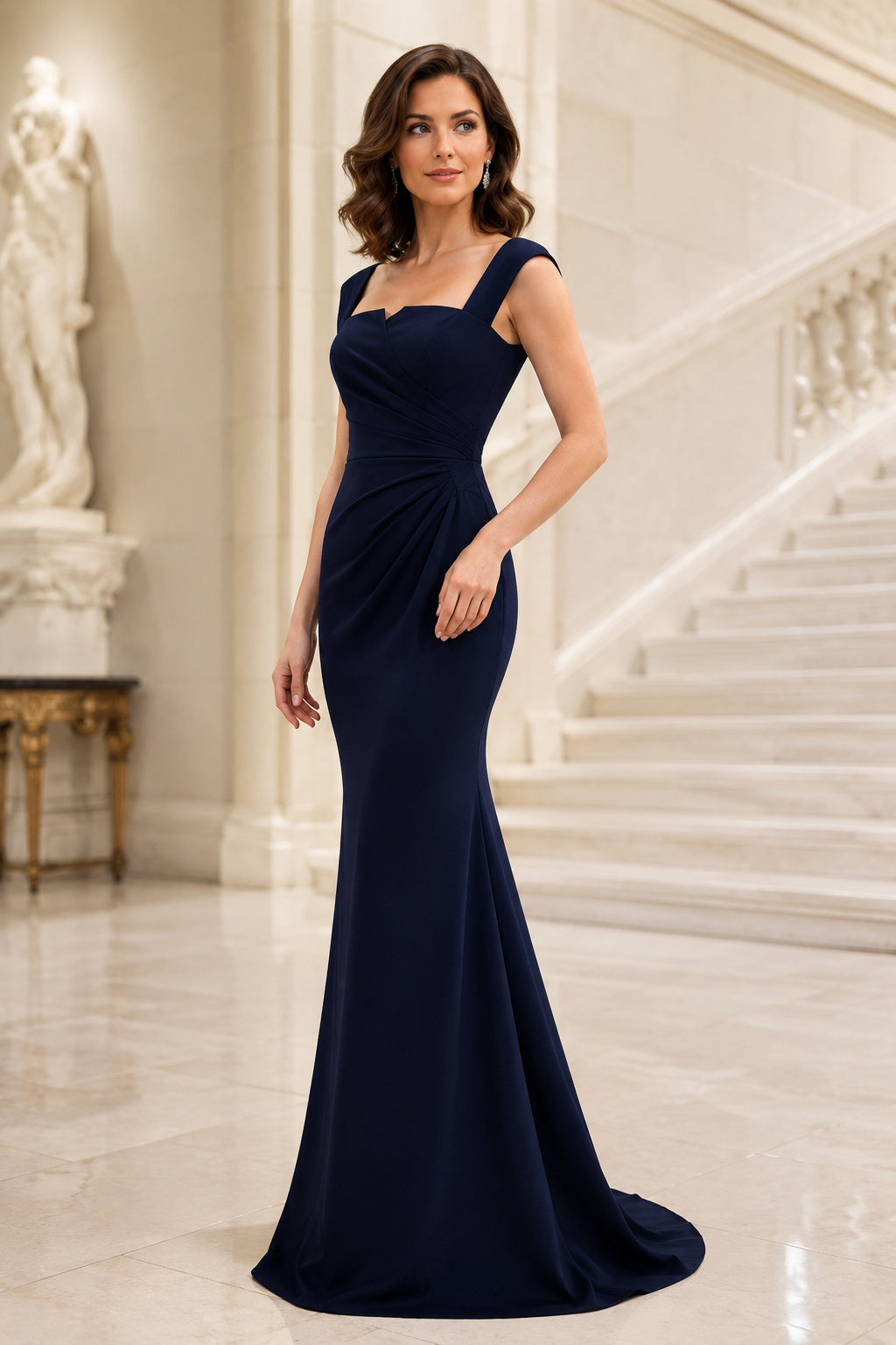 Plus Size Dark Navy Square Neck Mermaid Mother of the Bride Dress with Smooth Floor-Length Skirt front view