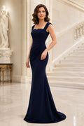 Plus Size Dark Navy Square Neck Mermaid Mother of the Bride Dress with Smooth Floor-Length Skirt front view