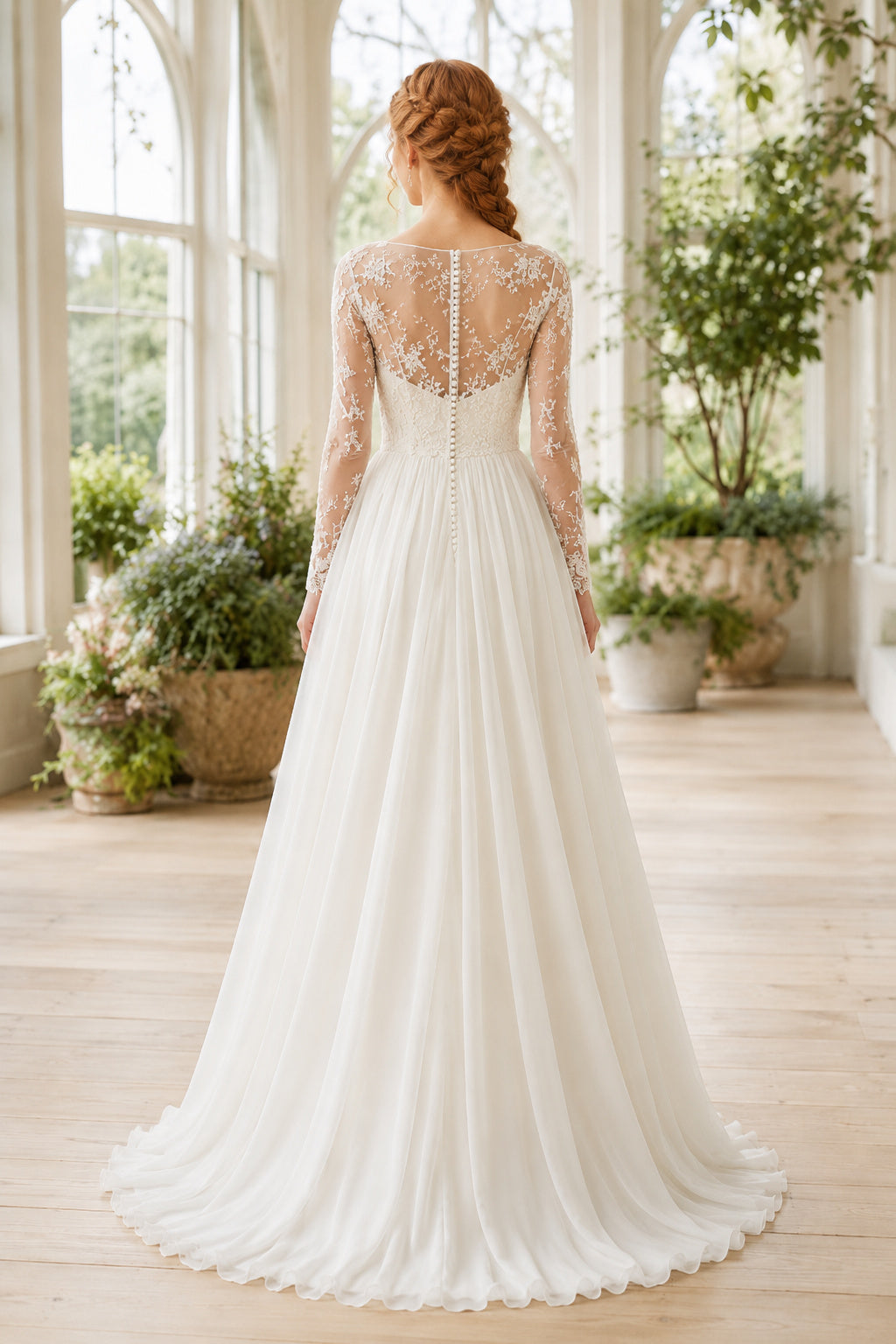 Bateau Long Sleeve A-Line Wedding Dress with Lace Bodice and Chiffon Sweep Train Style MG_701297 back view
