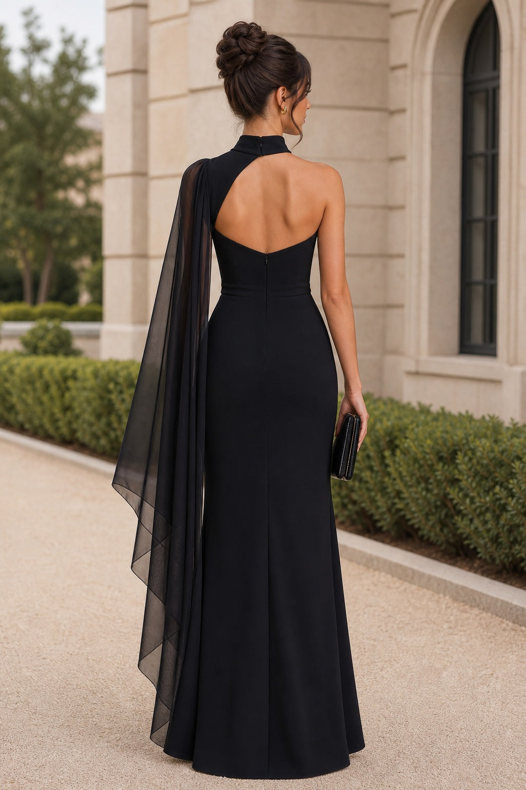 Black High Neck Floor-Length Sheath Dress with Sheer Cape