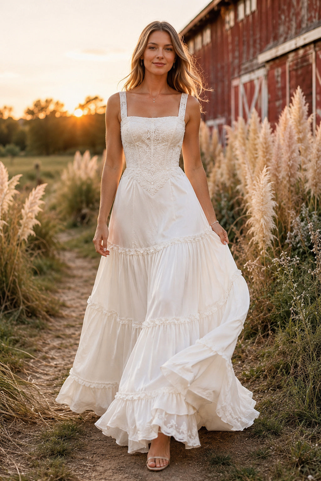 Ivory Square Neck Sleeveless Tiered A-Line Wedding Dress with Ankle Length Ruffle Skirt front view