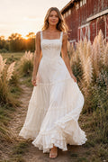 Ivory Square Neck Sleeveless Tiered A-Line Wedding Dress with Ankle Length Ruffle Skirt front view