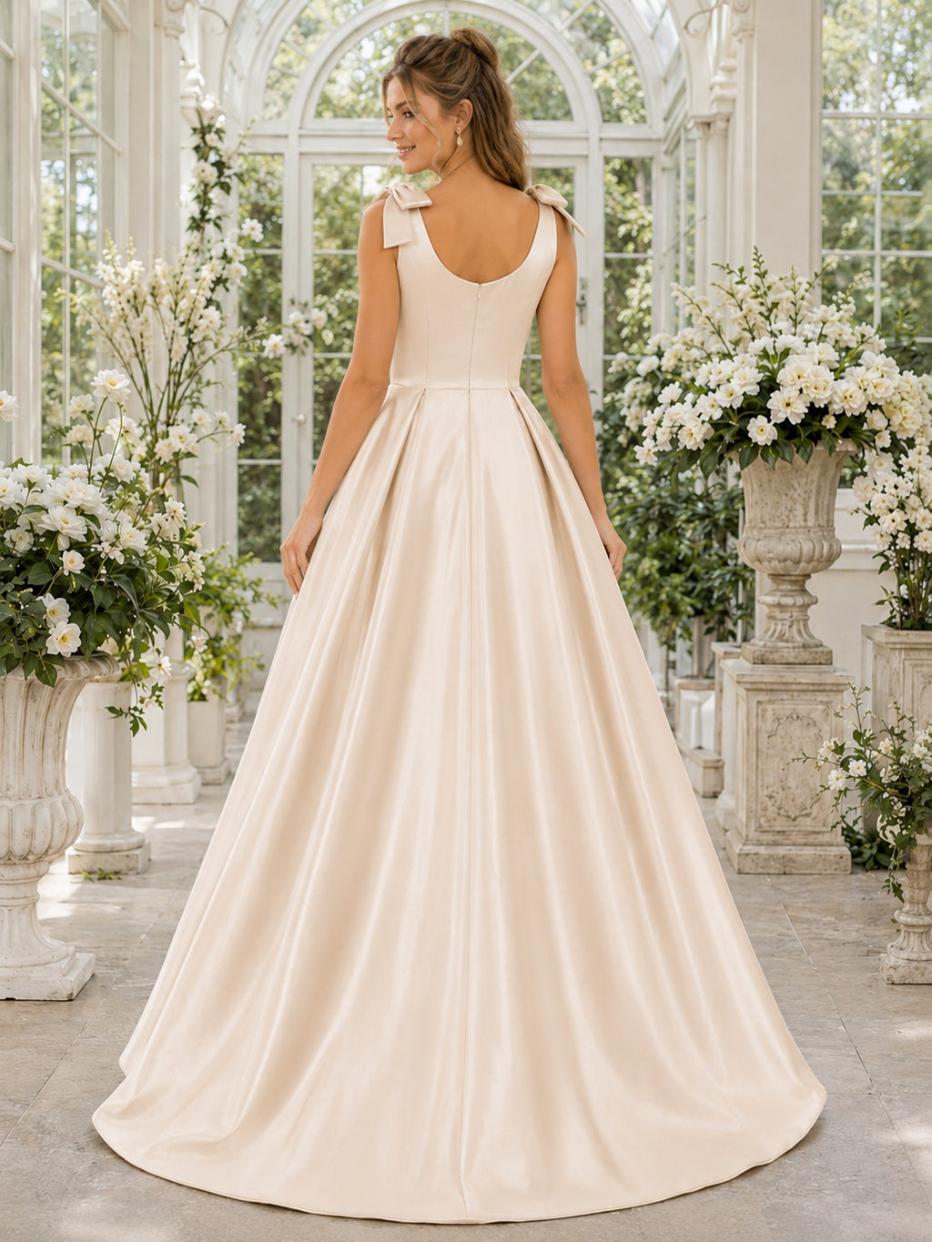 Champagne Simple Scoop Bow Straps Satin Pockets Romantic Sweet Sixteen Formal Ball Gown back view