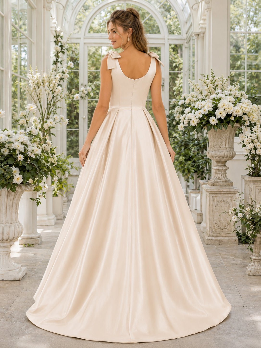 Champagne Simple Scoop Bow Straps Satin Pockets Romantic Sweet Sixteen Formal Ball Gown back view