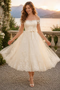 Ivory Off-the-Shoulder Tea-Length Wedding Dress with Lace Bodice and Bow front view