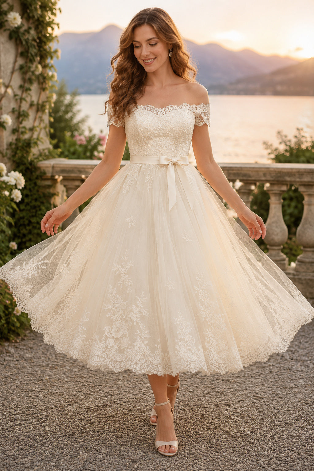 Ivory Off-the-Shoulder Tea-Length Wedding Dress with Lace Bodice and Bow front view