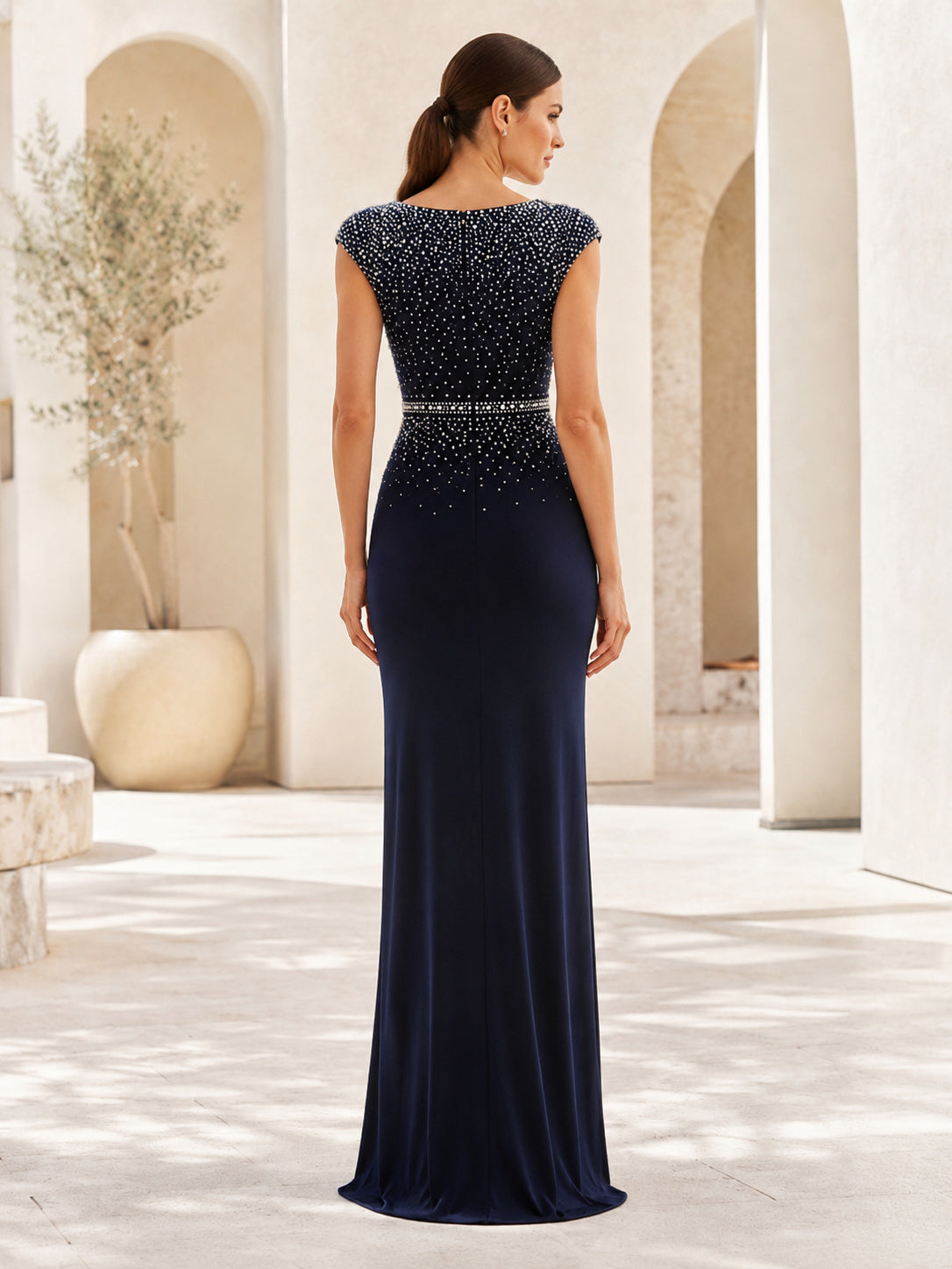 Dark Navy Pearl Bateau Column Evening Gown back view