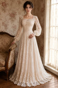 Champagne Square Neck Long Sleeve Lace A-Line Wedding Dress for Wedding Ceremony and Reception front view