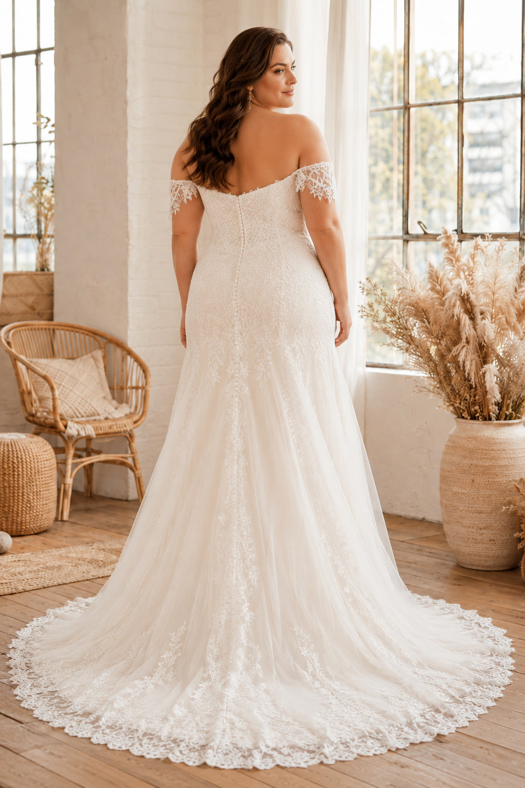 Plus Size Ivory Off-the-Shoulder Sweetheart Flutter Sleeve Lace Tulle Mermaid Wedding Dress with Fitted Lace Bodice and Sweep