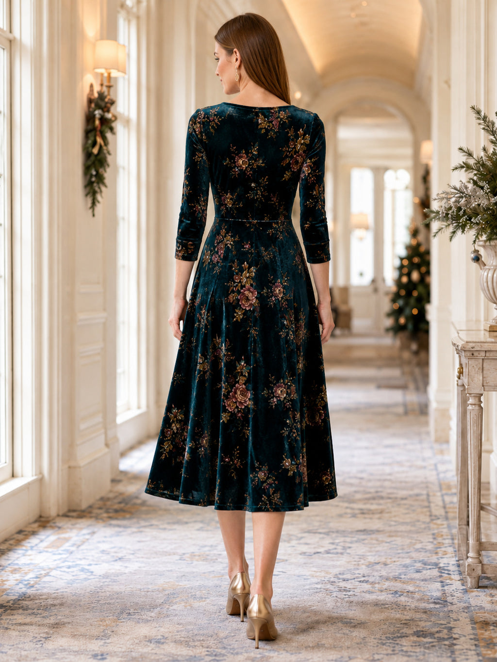 Teal Floral Velvet Jewel Neck Three-Quarter Sleeve A-Line Midi Dress back view