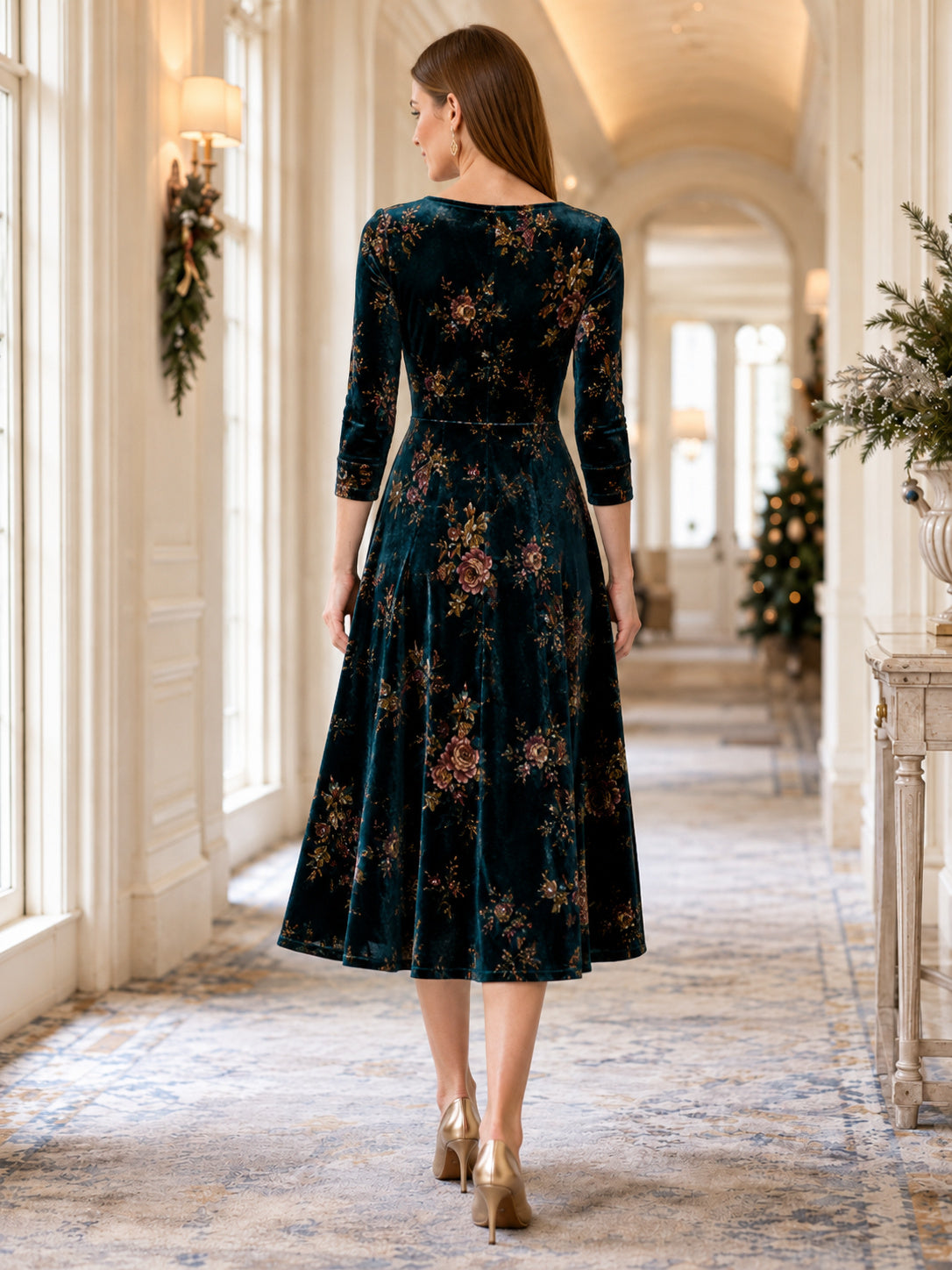 Teal Floral Velvet Jewel Neck Three-Quarter Sleeve A-Line Midi Dress back view