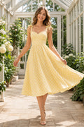 Polka Dot Midi Dress Daffodil A-Line Sweetheart Tie Strap Tea Length front view