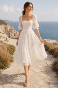 Ivory Square Neck Tea-Length Tulle Wedding Dress with Puff Sleeves and Lace Trim front view