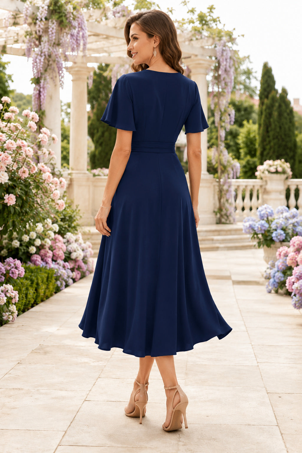 Dark Navy Garden Wedding Guest Sheath Dress back view