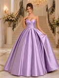 Lavender Romantic Strapless Sweetheart Pleated Mikado Satin Quinceanera Princess Formal Ball Gown front view