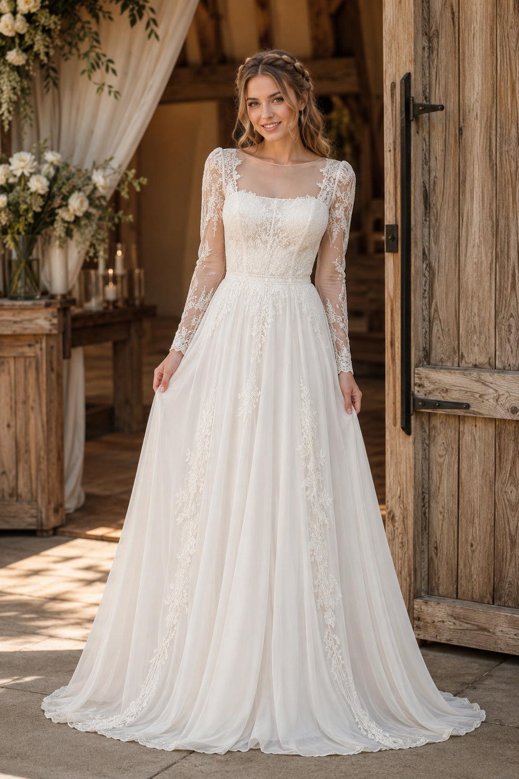 Ivory Romantic Square Neck A-Line Soft Tulle Wedding Dress with Long Lace Sleeves and Sweep Train front view
