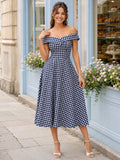 Vintage Navy Gingham Off Shoulder Short Sleeve A-Line Tea Length Cocktail Dress front view