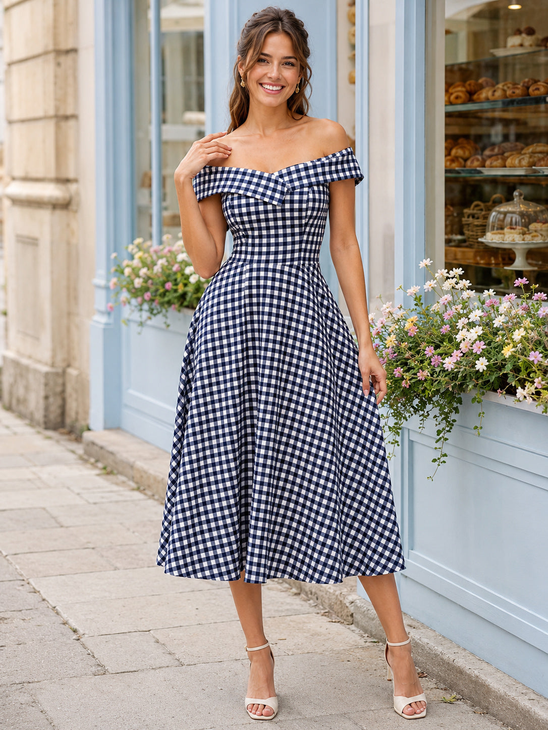 Vintage Navy Gingham Off Shoulder Short Sleeve A-Line Tea Length Cocktail Dress front view