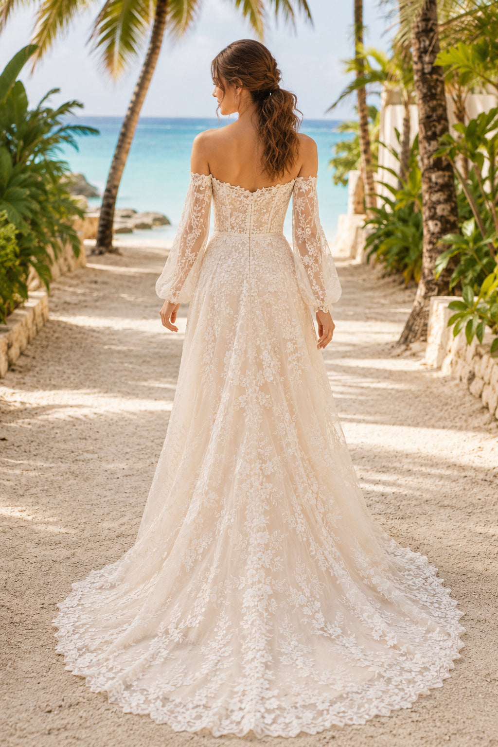 Ivory Off Shoulder Long Sleeve Lace Wedding Dress Chapel Train for Bridal Ceremony and Reception back view