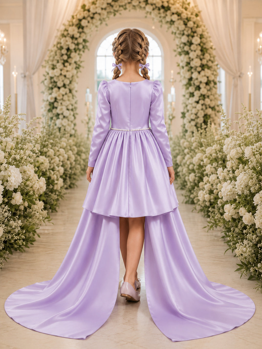 Flower Girl Dress Lavender Satin A-Line Long Sleeve Scoop High low Sash Detail back view