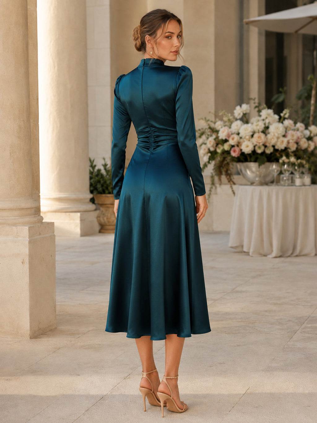 Peacock High Neck Long Sleeve Ruched Satin A Line Midi Guest Dress back view