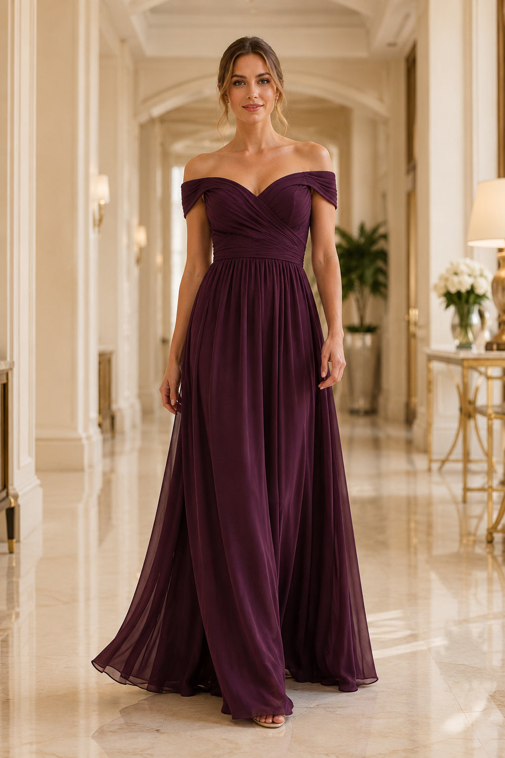 Plum Off-the-Shoulder Chiffon A-Line Bridesmaid Dress with Criss Cross Back front view