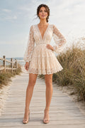 Ivory V-Neck Lace Mini Wedding Dress with Long Sleeves and Scalloped Hem for Beach Reception front view