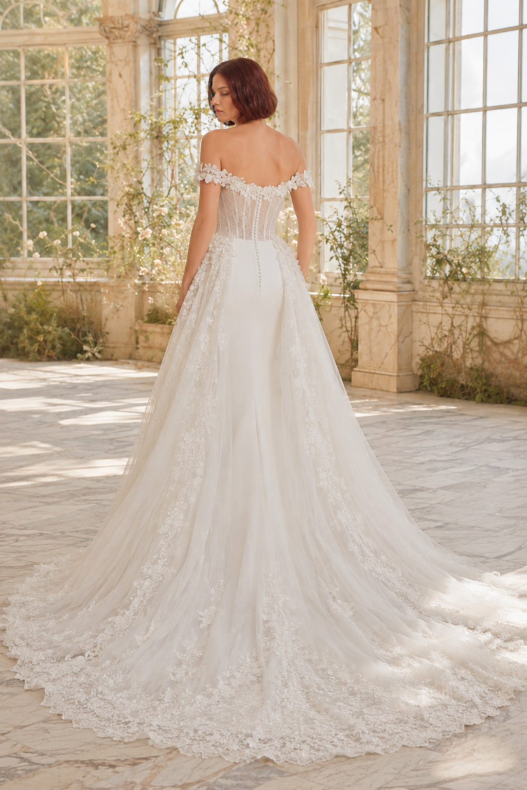 Wedding Jumpsuit with Off-Shoulder Lace Bodice and Removable Tulle Overskirt back view